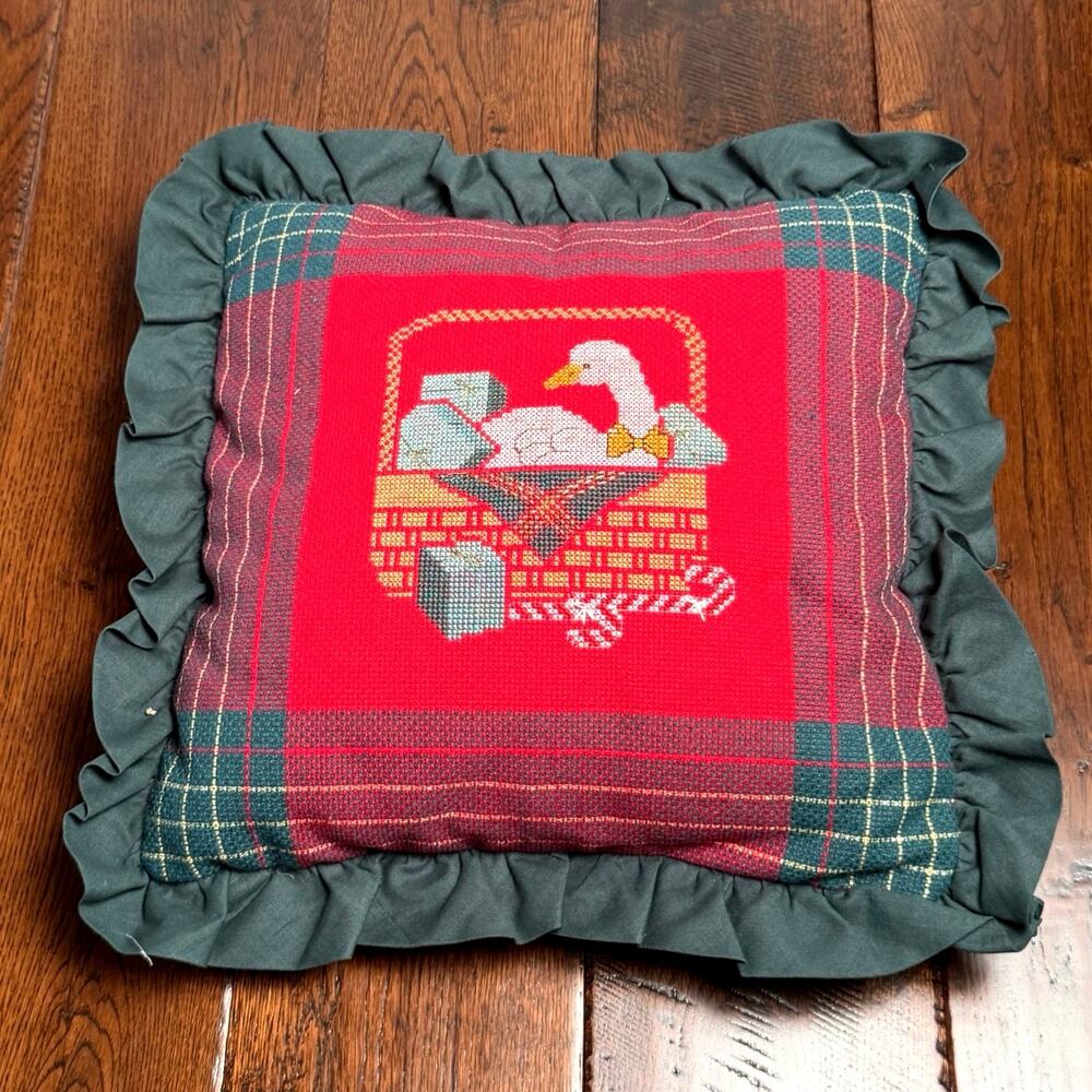 Vintage Needlepoint Goose Pillow | Red Green Plaid Ruffled Trim Christmas Pillow